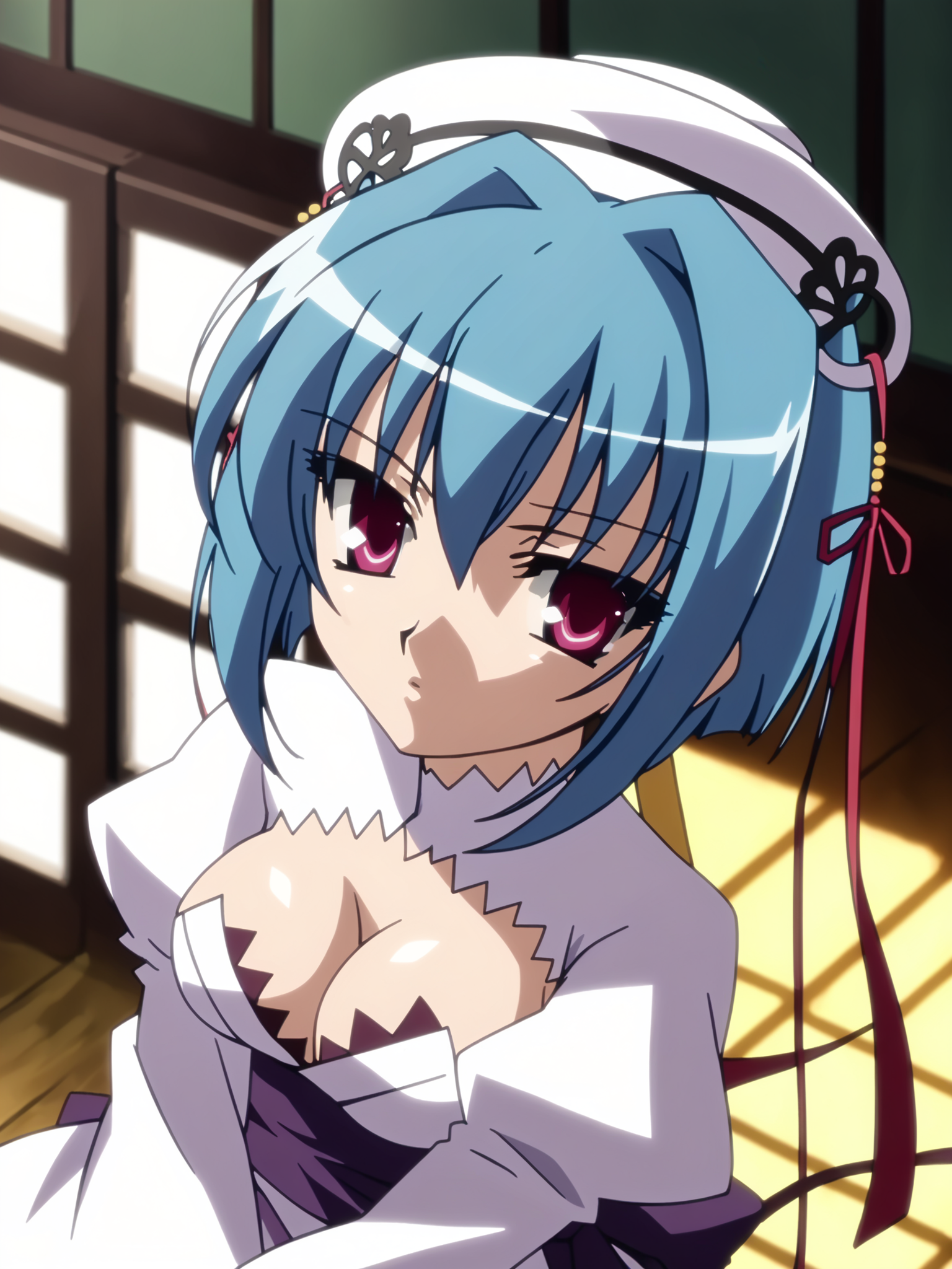 <lora:happy_tentacle-chouun-v0.5-000010:1>, ht_chouun, hat, hat ribbon, white dress, juliet sleeves, purple sash, cleavage cutout , cowboy shot, 1girl, (petite:1.2), solo focus, shy, (looking at viewer:1.1), indoors , backlighting, (depth of field:0.8), from above, score_9, score_8_up, score_7_up, score_6_up, score_5_up, score_4_up,
