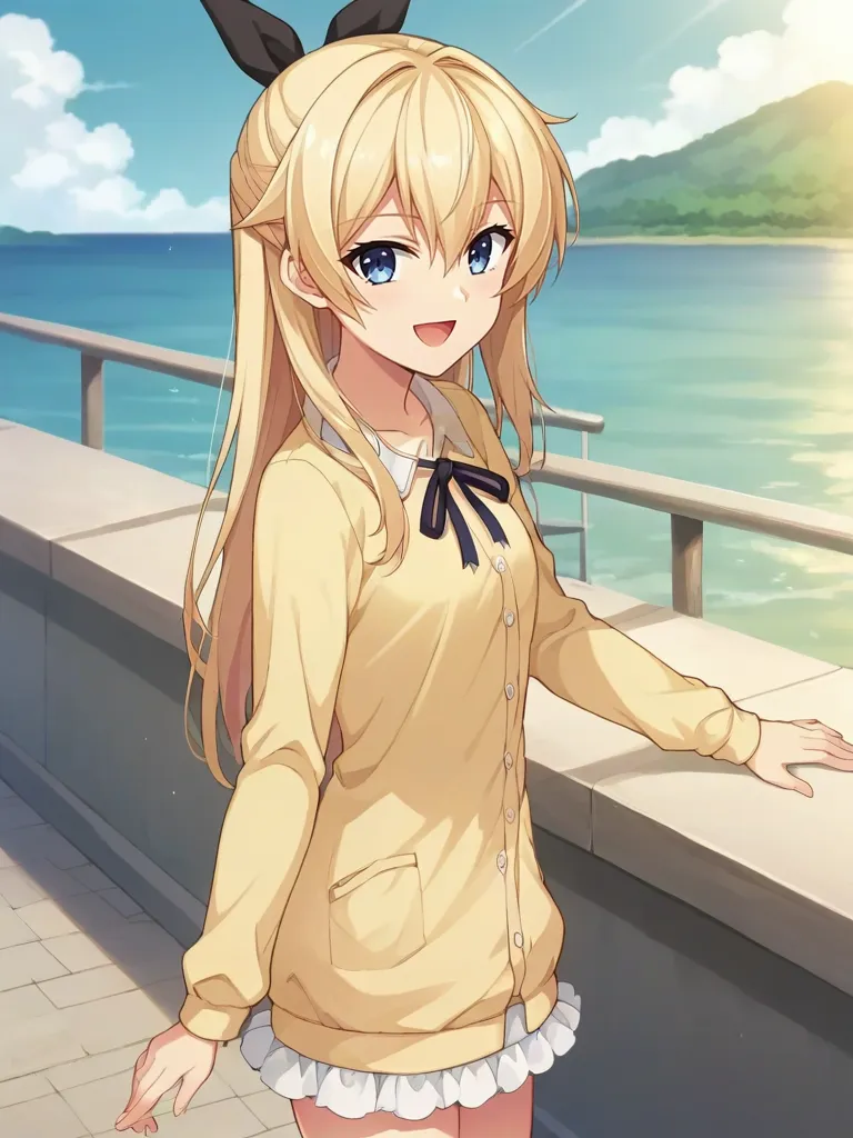 score_9, score_8_up, score_7_up, 2d, anime_screencap, source_anime <lora:azusapxc2pony:1>,
1girl, solo, kurashikiazusa, small breasts, long hair, blonde hair, blue eyes, hair ribbon, light yellow shirt, frills, light yellow skirt, casual wear, outdoors, bridge, ocean, from side, standing, cowboy shot, looking at viewer, open mouth, smile