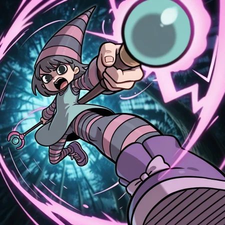 fantagoria,  Black eyes, Short dark gray hair with bangs, long pink and purple striped pointy hat, light teal sleeveless dress over pink and purple striped tight long-sleeved shirt, pink and purple striped long tights, purple sneakers.
Fantagoria using a staff and casting a spell while shouting. Magic, magical aura. I found a magical forest with neon lights.
dynamic pose, foreshortening, extreme perspective
perspective