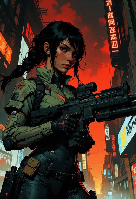 magnificent, closeup portrait, female bounty hunter, braided black hair, futuristic armor, bodysuit, armor plating, cybernetic equipment, sexy, curvy, large breasts, large ass, aiming an assault rifle, assault rifle, aiming rifle, holstered pistol, Cyberpunk City, Neon Lights, foreshortening,
solo,
Cowboy Shot, close up, from above,