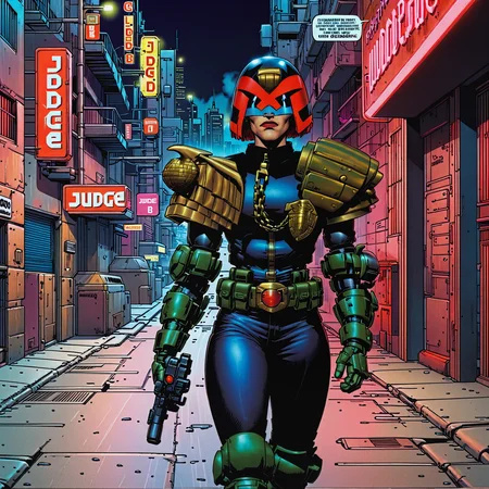 1girl, judge anderson walking down a street alone with a pistol in her hand, in armor and uniform, wearing a helmet, jdgdrddcom, cyberpunk, comic, cityscape, looking at viewer, night time, neon light, red light,