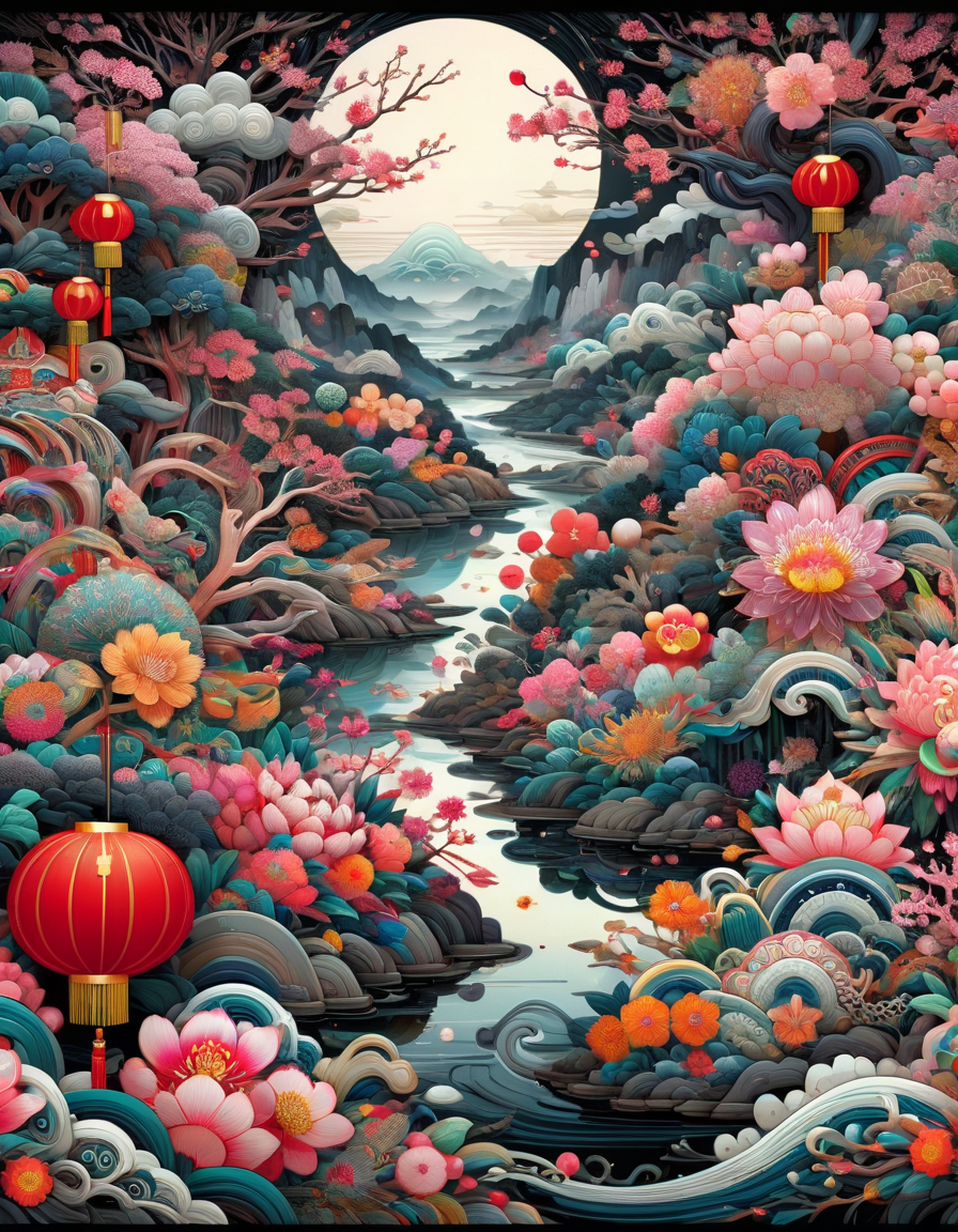 professional photograph of a bizarre otherworldly landscape by Miho Hirano and A.J.Casson and Qian Xuan and Brandon Mably , bold lines, hyper detailed, dark limited palette, chiaroscuro, (intricate details, masterpiece, best quality:1.4), ral-springfestival <lora:ral-springfestival:1>