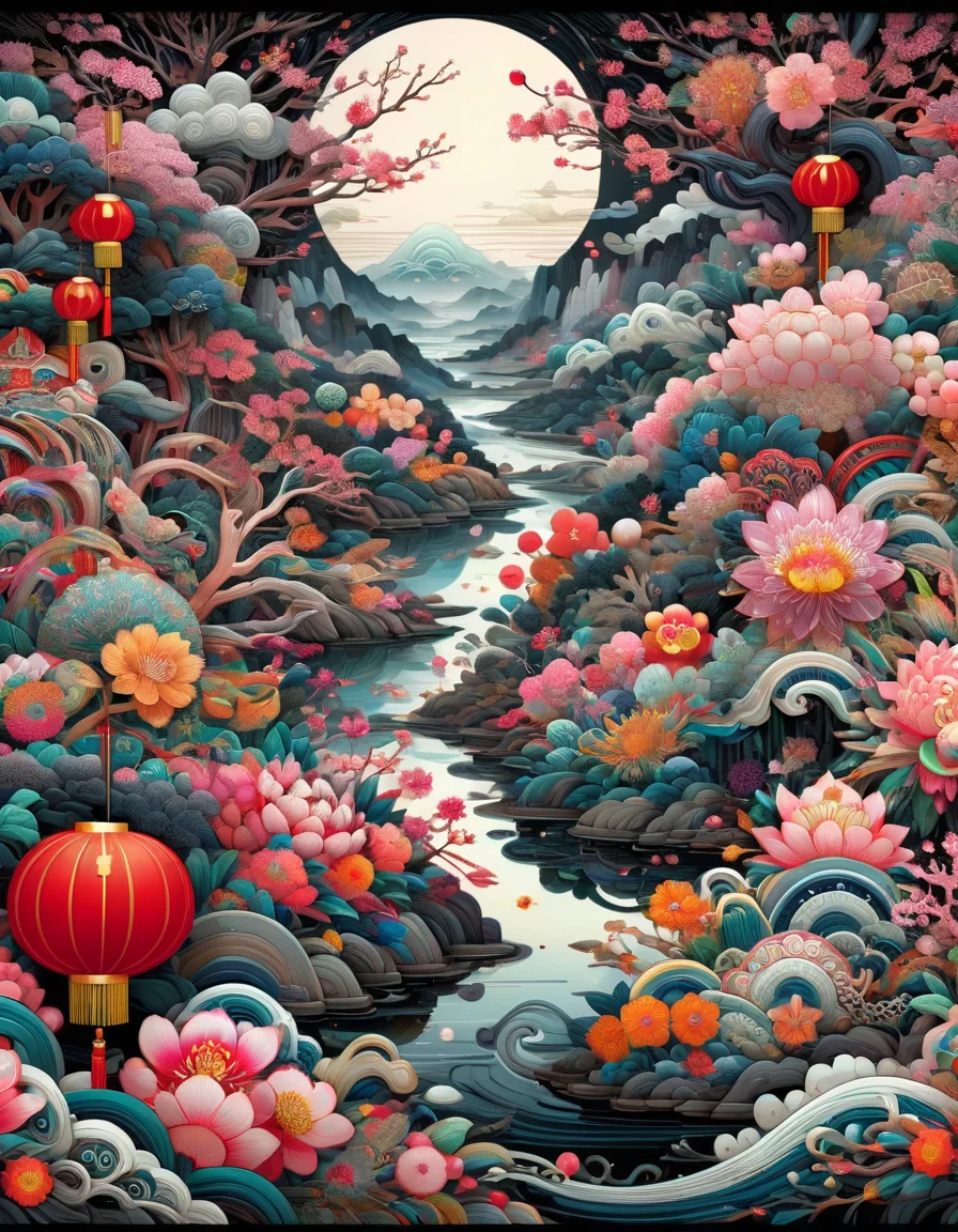 professional photograph of a bizarre otherworldly landscape by Miho Hirano and A.J.Casson and Qian Xuan and Brandon Mably , bold lines, hyper detailed, dark limited palette, chiaroscuro, (intricate details, masterpiece, best quality:1.4), ral-springfestival <lora:ral-springfestival:1>