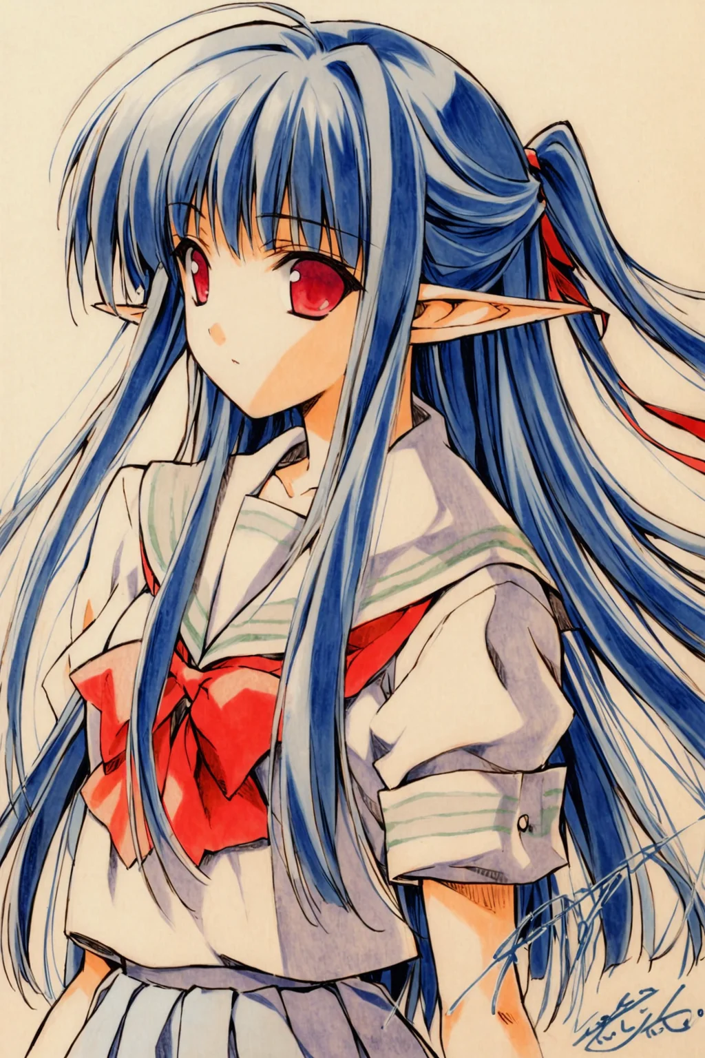 1girl,solo,school uniform,pointy ears,elf,blue hair,half updo,long hair,red eyes,ribbon,skirt,bow,zettai ryouiki,signature,serafuku,upper body,white background,looking at viewer,old version,traditional media,<lora:Suzuhira Hiro_XL:0.8>,