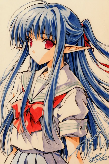 1girl,solo,school uniform,pointy ears,elf,blue hair,half updo,long hair,red eyes,ribbon,skirt,bow,zettai ryouiki,signature,serafuku,upper body,white background,looking at viewer,old version,traditional media,<lora:Suzuhira Hiro_XL:0.8>,