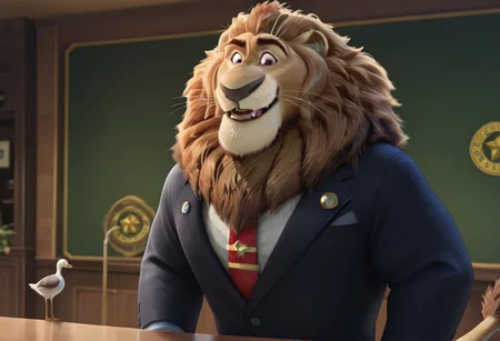 core_9, score_8_up, score_7_up, score_6_up, score_5_up, score_4_up, detailed background, detailed face, lion, anthro, male, bar, bara, leodore lionheart, lion moustache, antro, furry, Disney style, goose eyebrows, tie, small eyes, surprised expression, muscular, blue trousers, lion's tail, smile, Zootopia style, blue jacket