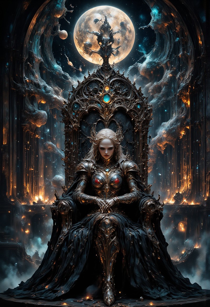 ethereal vampire queen, regal vampire with piercing eyes and porcelain skin, adorned in flowing black gown with intricate silver embroidery, seated on an ebony throne carved with arcane symbols, surrounded by ancient tomes and mystical artifacts, castle walls adorned with pulsating runes casting an eerie glow, moonlight filtering through ornate stained glass windows, creating a captivating interplay of light and shadow, crystalline chalice, ancient spell book, lurking familiar, dark romanticism style, swirling mist curling around the throne, glowing runes pulsating with ethereal energy, shimmering aura surrounding the vampire, floating candles casting dancing shadows, spectral wisps drifting through the air, glowing eyes peering from dark corners, ayami kojima style, the vampire is hauntingly beautiful with alabaster skin, piercing silver eyes, and flowing platinum hair cascading over her shoulders, asymmetrical composition with focal point off-center
