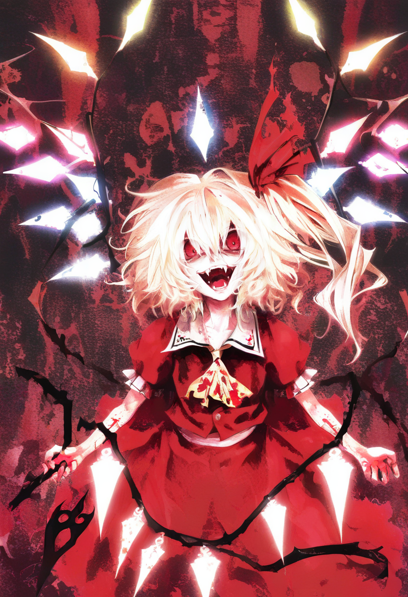 1girl, solo, flandre scarlet, wings, red eyes, blonde hair, laevatein \(touhou\), dress, blood, weapon, open mouth, ascot, side ponytail, ribbon, red dress, short hair, fangs, no headwear, crazy eyes, hair ribbon <lora:banpaiAkiraOSXL_NBVP1_lokr_V6311P:0.95>