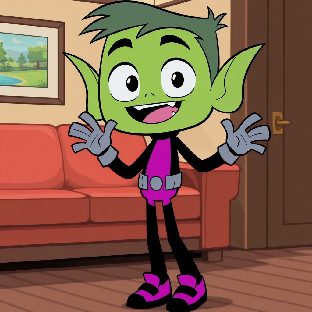 masterpiece, best quality, amazing quality, official style, b3astb0y, male, solo, humanoid, young, green skin, green hair, short hair, black eyes, pointed ears, fang, short, black and purple outfit, grey gloves, grey belt, purple shoes, standing, smile, waving hi, open mouth, looking at viewer, indoors, living room