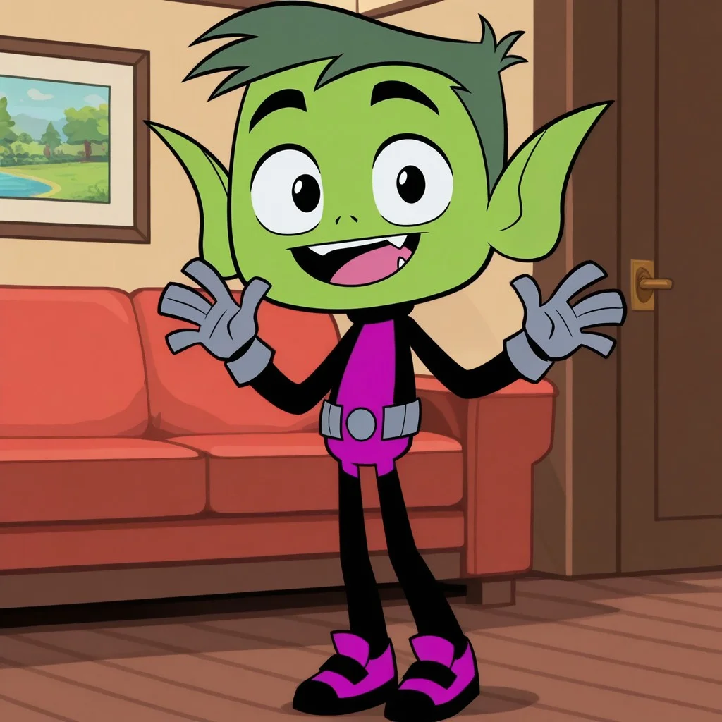 masterpiece, best quality, amazing quality, official style, b3astb0y, male, solo, humanoid, young, green skin, green hair, short hair, black eyes, pointed ears, fang, short, black and purple outfit, grey gloves, grey belt, purple shoes, standing, smile, waving hi, open mouth, looking at viewer, indoors, living room