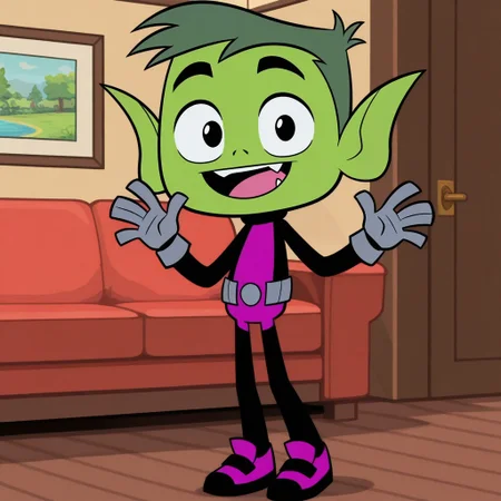 masterpiece, best quality, amazing quality, official style, b3astb0y, male, solo, humanoid, young, green skin, green hair, short hair, black eyes, pointed ears, fang, short, black and purple outfit, grey gloves, grey belt, purple shoes, standing, smile, waving hi, open mouth, looking at viewer, indoors, living room