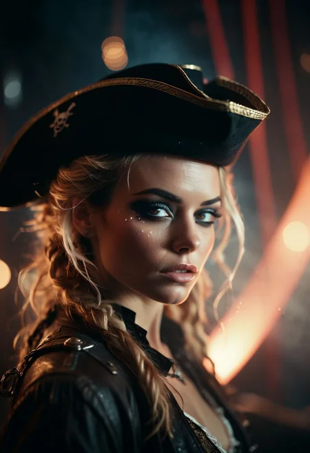 glamour portrait photo, macro, a captivating vibrant glow, mysterious female futuristic pirate, surrounded by particles emitting light, pirate ship, dark white weapon, ethereal, smoky backdrop. throwing a translucent white/tanslucent dark/bright fade, pirate clothing revealing cleavage, 100mm f/2.8 macro lens, atmospheric haze, Film grain, cinematic film still, shallow depth of field, highly detailed, high budget, cinemascope, moody, epic, OverallDetail, gorgeous, 2000s vintage RAW photo, photorealistic, candid camera, color graded cinematic, eye catchlights, atmospheric lighting, imperfections, natural, shallow dof
