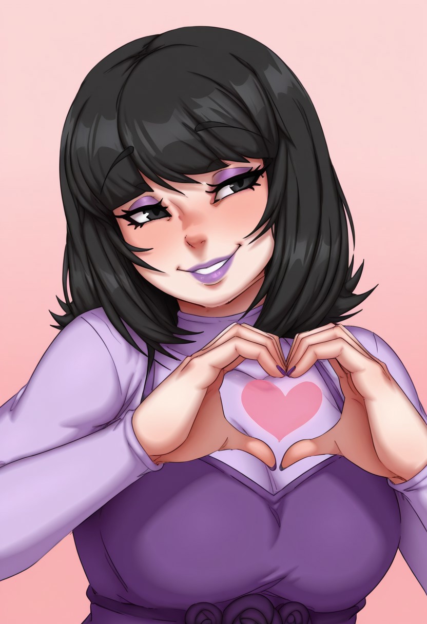 ,  1girl, solo, medium build, medium hair, sfw, safe for work, covered skin, flowy dress,  black eyes, purple lipgloss, smiling, portrait, upper body, heart hands, foreshortening, detailed, newest, lazei