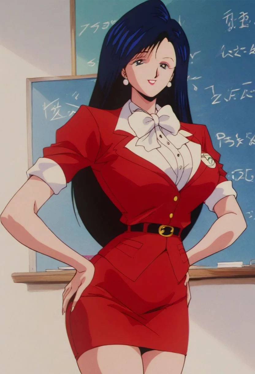 score_9, score_8_up, score_7_up, ASCII masterpiece, source_anime, BREAK, 1girl, solo, long hair, (( <lora:mari_ooaya:1> , mari_ooaya, normal waist, wide hips, beautiful skin, beautiful black hair, beautiful dark blue hair, clear eyes, piercing dark blue eyes, bright pupils, beautiful eyes, huge and shaggy breast, beauty, extraordinary beautiful woman, attractive woman, super sexy woman, lustful body, sexy woman with seductive obscene body, sensual body, voluptuous body, 1990s \(style\) , 1980s \(style\), RETRO ARTSTYLE)) , retro red teacher uniform, red teacher uniform, sexy pose, cowboy shot, smile, sexy, hands on hips,