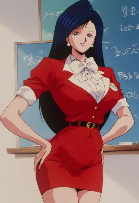score_9, score_8_up, score_7_up, ASCII masterpiece, source_anime, BREAK, 1girl, solo, long hair, (( <lora:mari_ooaya:1> , mari_ooaya, normal waist, wide hips, beautiful skin, beautiful black hair, beautiful dark blue hair, clear eyes, piercing dark blue eyes, bright pupils, beautiful eyes, huge and shaggy breast, beauty, extraordinary beautiful woman, attractive woman, super sexy woman, lustful body, sexy woman with seductive obscene body, sensual body, voluptuous body, 1990s \(style\) , 1980s \(style\), RETRO ARTSTYLE)) , retro red teacher uniform, red teacher uniform, sexy pose, cowboy shot, smile, sexy, hands on hips,