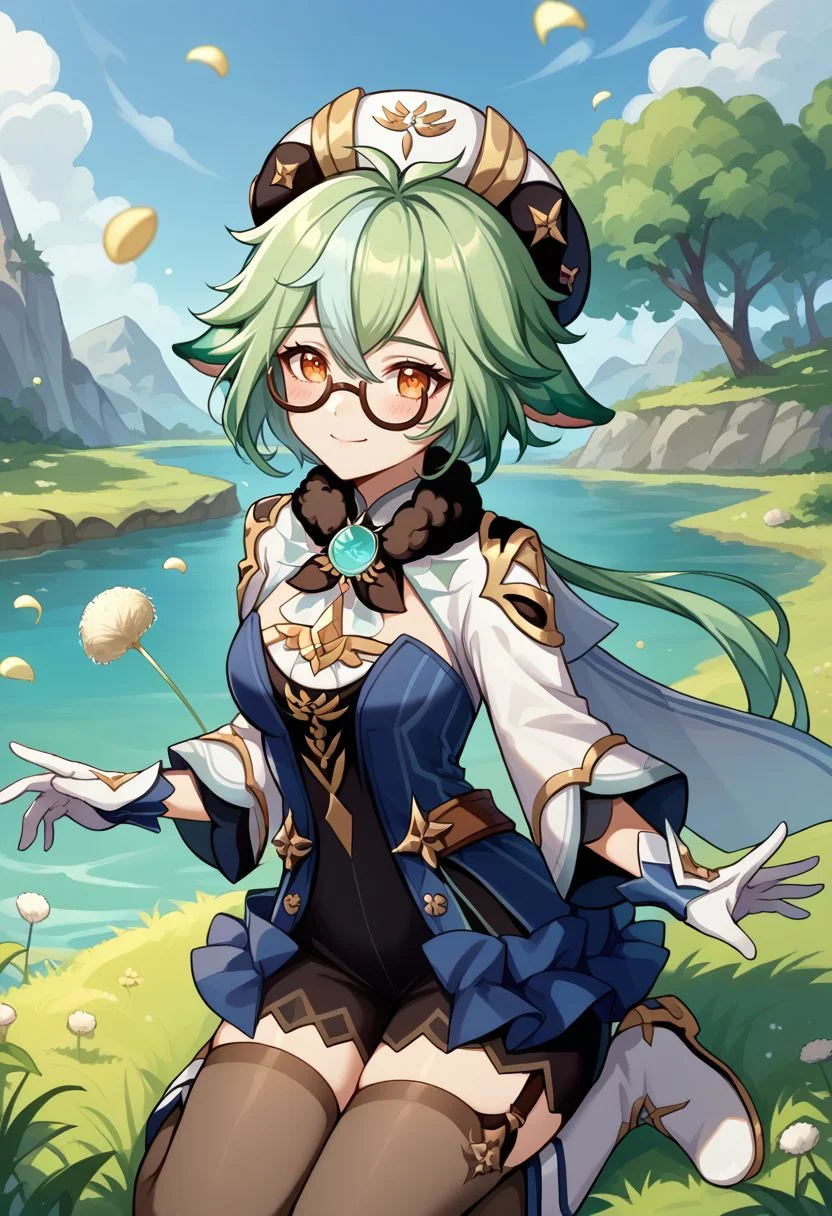 score_9, score_8_up, score_7_up, source_anime, 1girl, sucrosedef, orange eyes, green hair, multicolored hair, hair between eyes, long hair, ponytail, animal ears, glasses, semi-rimless eyewear, hat, beret, fur collar, vision (genshin impact), blue dress, gold trim, cape, long sleeves, white gloves, garter straps, black thighhighs, knee boots, white footwear, wariza, kneeling, closed mouth, smile, blush, looking at viewer, outdoors, grass, lake, wind, dandelion, dandelion seed, portrait, close-up, upper body, facing viewer, <lora:Sucrose_v1-000010:1>