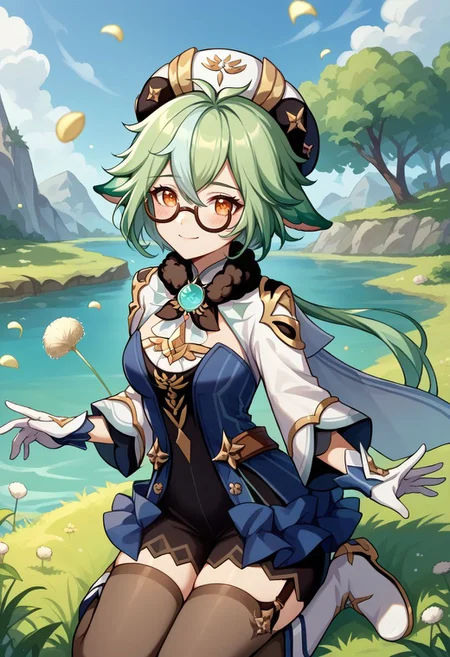 score_9, score_8_up, score_7_up, source_anime, 1girl, sucrosedef, orange eyes, green hair, multicolored hair, hair between eyes, long hair, ponytail, animal ears, glasses, semi-rimless eyewear, hat, beret, fur collar, vision (genshin impact), blue dress, gold trim, cape, long sleeves, white gloves, garter straps, black thighhighs, knee boots, white footwear, wariza, kneeling, closed mouth, smile, blush, looking at viewer, outdoors, grass, lake, wind, dandelion, dandelion seed, portrait, close-up, upper body, facing viewer, <lora:Sucrose_v1-000010:1>