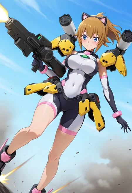 general,masterpiece,anime_coloring,anime clothing,avatar_fumina,blue eyes, brown hair, short hair, hoshino fumina, large_breasts , cat ears, elbow gloves, bodysuit, covered navel, armor, bike shorts, skin tight,yellow shoulder armor, yellow waist armor, weapon,shoulder cannon,Thruster properant tank,gun,energy gun,blush face,kind smile,sky,in air,Air battle,dynamic angle,close-up face,
