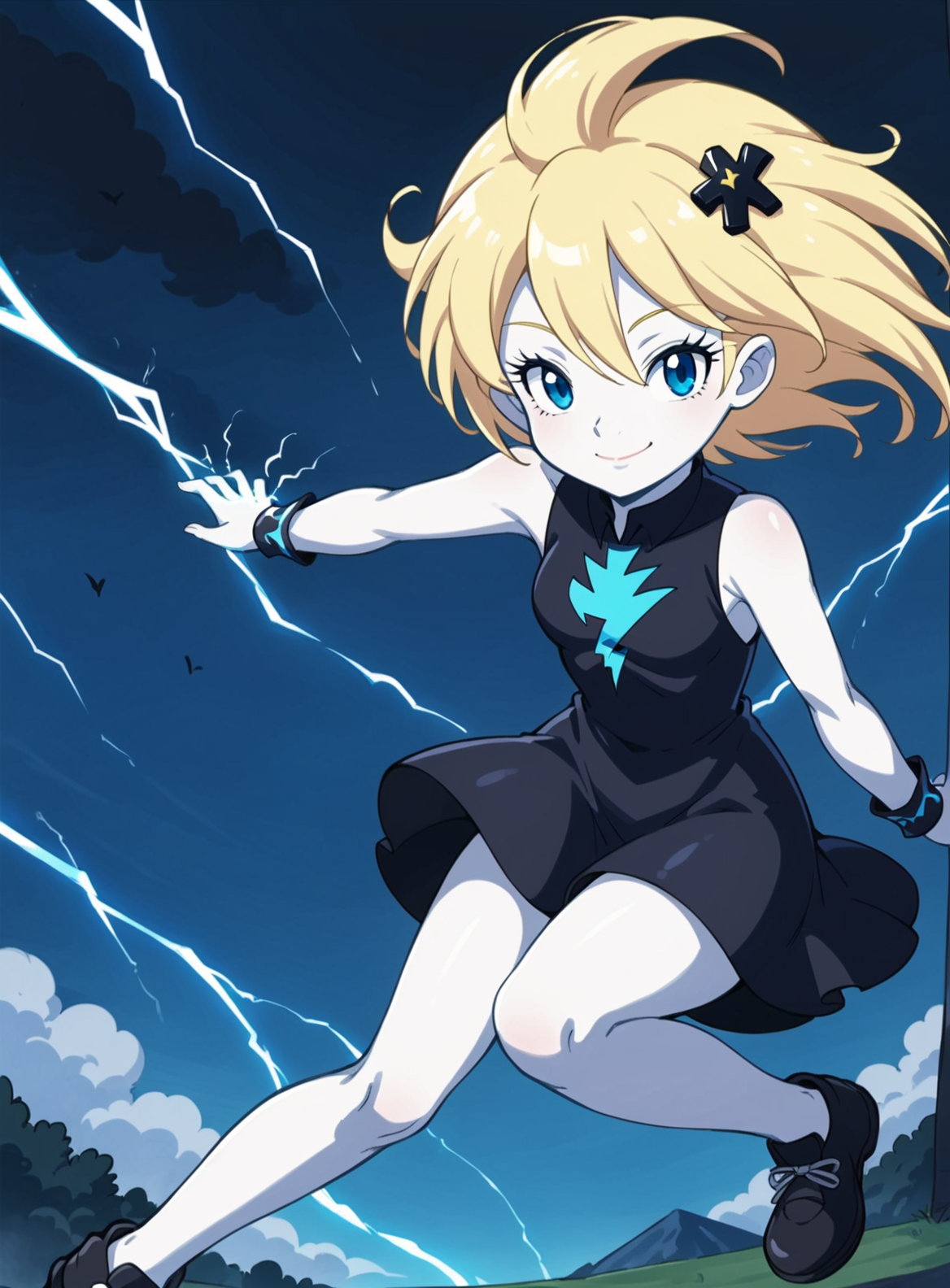 score_9, score_8_up, score_7_up,  source_anime BREAK, 1girl, solo, solo focus, windy(dragon tales), windypony, monster girl,  white skin, blue eyes, blonde hair.  short hair, sidelocks, blue sky, full body, Black cloud dress, dress made out of black clouds, short dress , Sleeveless dress, sleeveless, black footwear, shoes, Standing   smile, closed mouth, Electricity,  electrokinesis, hair between eyes , lightning hair pin, electricity in hair, glowing hair, wrist cuffs, thunderstorm, tornado,  lightning,  wind,  looking at viewer,  floating,  black clouds covering the sky, dark clouds, night, close up, pov,  <lora:Windy_the_whistling_wind_dragon_tales:0.9>