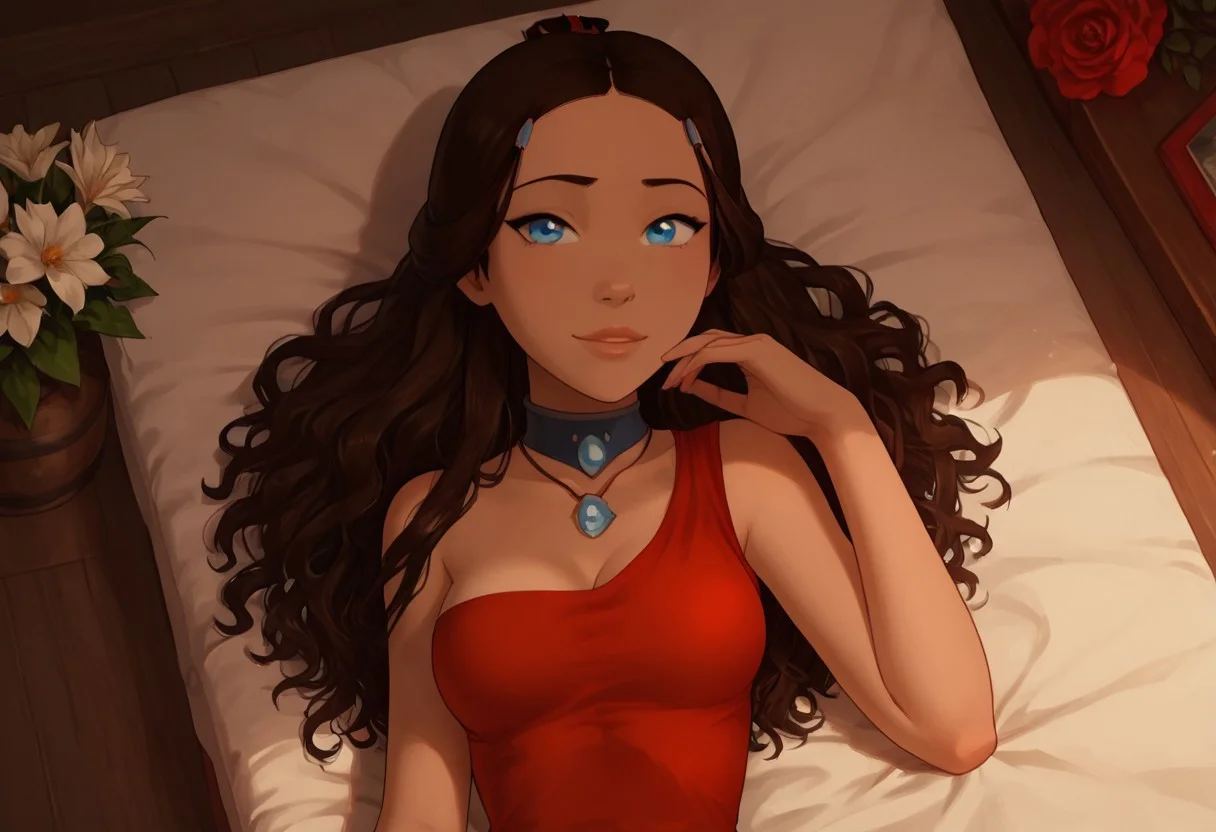 masterpiece,best quality, highly detailed, (score_9, score_8_up, score_7_up), summer, Katara\(last airbender), perfect blue eyes, perfect face, looking at viewer, beautiful, slight smile, stunning, adult, beautiful, red dress, long hair, curly hair, necklace, medium breasts, cleavage, lying, flowers, tight body, beautiful legs, curves, wide hips, slim waist, candid picture, vibrant lighting, high contrast, dramatic shadows, highly detailed, high angle, view from above, detailed skin