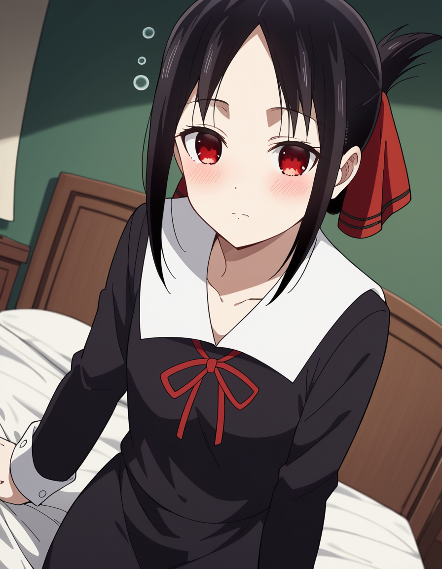 score_9, score_8_up, score_7_up, source_anime,
kaguyashinomiya, <lora:kaguya-shinomiya-s3-ponyxl-lora-nochekaiser:1>,
kaguya shinomiya, short hair, bangs, black hair, red eyes, hair ribbon, sidelocks, folded ponytail, parted bangs,
long sleeves, dress, ribbon, school uniform, collarbone, black dress, sailor collar, white sailor collar, red ribbon, neck ribbon, shuuchiin academy school uniform,
indoors, bed, bed room, on side, blush, drunk,
looking at viewer, cowboy shot, dutch angle, solo,