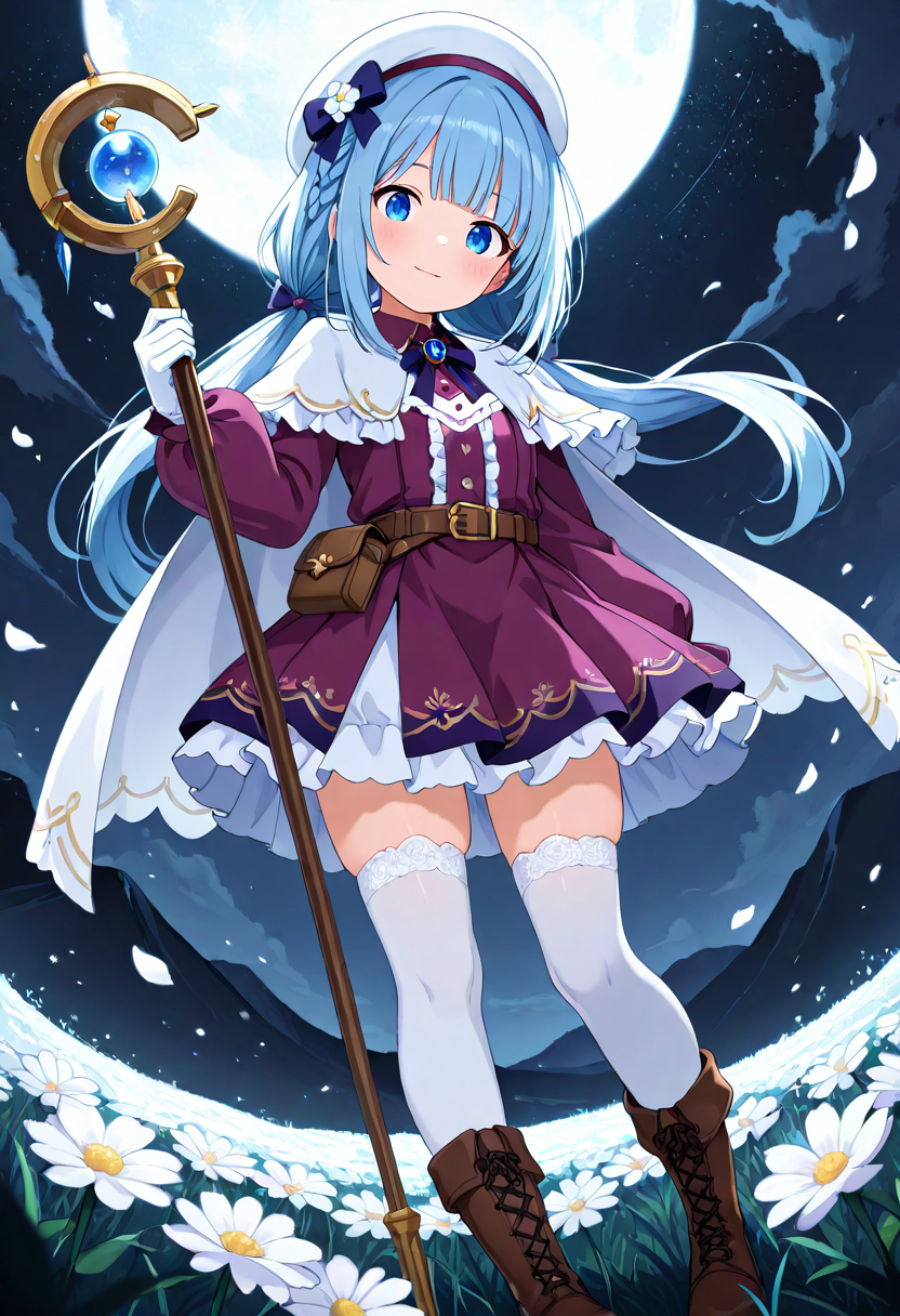 masterpiece, best quality, absurdres, very aesthetic, general,
1girl, blue eyes, white legwear, solo, blue hair, white gloves, outdoors, long hair, white headwear, brown footwear, purple dress, standing, beret, looking at viewer, smile, frills, staff, blush, dutch angle, belt, cross-laced footwear, field, hand up, full body, flower field, hat bow, frilled dress, lace-up boots, center frills, full moon, from below, black bow, brooch, petticoat, starry sky, white flower, white capelet, blue bow, wind, closed mouth, purple skirt, hair flower, wand, belt pouch, grass, low twintails, eyebrows visible through hair, thighhighs under boots, french braid, knee boots, moonlight, low ponytail, purple bow, lace trim, brown belt, night sky, night, depth of field, frilled skirt, hat flower, wind lift, arm up, buckle, glowing, holding staff, lace, buttons, evening, puffy long sleeves, belt buckle, hair bow, white cape, arm at side, horizon, parted lips, scenery, lace-trimmed legwear, black neckwear, single braid, frilled capelet, collared dress, pigeon-toed, head tilt, white thighhighs, purple bowtie, holding wand, fisheye, mountainous horizon, layered dress, falling petals, short dress, mountain, looking down, blunt bangs, crown braid, fold-over boots, neck ribbon, skindentation, pleated dress, hat ornament, flat chest, dot nose, black bowtie, lace-trimmed dress, (dark background:1.4),