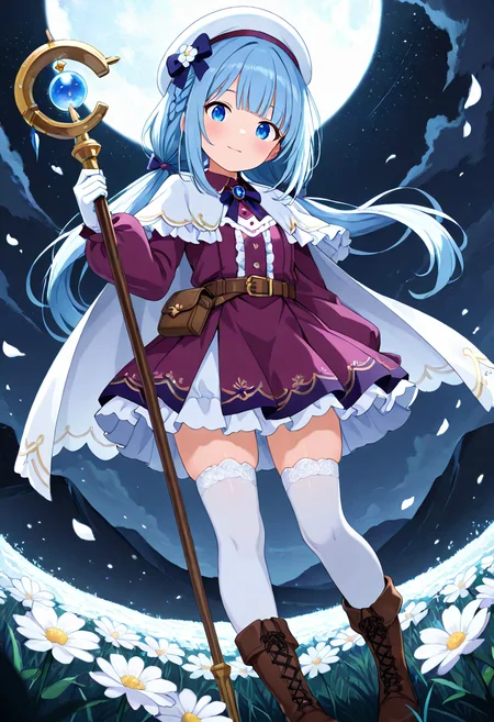 masterpiece, best quality, absurdres, very aesthetic, general,
1girl, blue eyes, white legwear, solo, blue hair, white gloves, outdoors, long hair, white headwear, brown footwear, purple dress, standing, beret, looking at viewer, smile, frills, staff, blush, dutch angle, belt, cross-laced footwear, field, hand up, full body, flower field, hat bow, frilled dress, lace-up boots, center frills, full moon, from below, black bow, brooch, petticoat, starry sky, white flower, white capelet, blue bow, wind, closed mouth, purple skirt, hair flower, wand, belt pouch, grass, low twintails, eyebrows visible through hair, thighhighs under boots, french braid, knee boots, moonlight, low ponytail, purple bow, lace trim, brown belt, night sky, night, depth of field, frilled skirt, hat flower, wind lift, arm up, buckle, glowing, holding staff, lace, buttons, evening, puffy long sleeves, belt buckle, hair bow, white cape, arm at side, horizon, parted lips, scenery, lace-trimmed legwear, black neckwear, single braid, frilled capelet, collared dress, pigeon-toed, head tilt, white thighhighs, purple bowtie, holding wand, fisheye, mountainous horizon, layered dress, falling petals, short dress, mountain, looking down, blunt bangs, crown braid, fold-over boots, neck ribbon, skindentation, pleated dress, hat ornament, flat chest, dot nose, black bowtie, lace-trimmed dress, (dark background:1.4),
