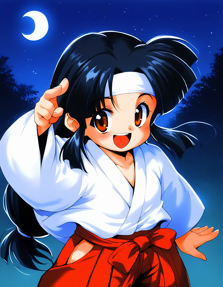 score_9, score_8_up, score_7_up, source_anime, rating_explicit, BREAK  <lora:Sayo-chan_TsukiyoSoushi_XL:0.9> Sayo-chan_TsukiyoSoushi, long hair, black hair, white headband, brown eyes, low-tied long hair, parted bangs, short stack,
japanese clothes, solo, ofuda, open mouth, red hakama, hakama,  wide sleeves, skirt, long sleeves, 
looking at viewer, smile,
night moon,