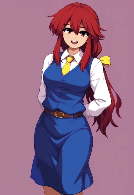 score_9, score_7_up, source_anime, source_cartoon, source_explicit, BREAK, colorful, aesthetic, illustration, kotohime (touhou), long hair, red hair, red eyebrows, hair between eyes, bangs, sidelocks, low-tied long hair, tied hair, low ponytail, hair ribbon, yellow ribbon, red eyes, breasts, white shirt, collared shirt, long sleeves, yellow necktie, blue vest, brown belt, blue skirt, hands behind back, open mouth, smile, teeth, simple background, looking at viewer, facing viewer, standing in front of viewer, standing