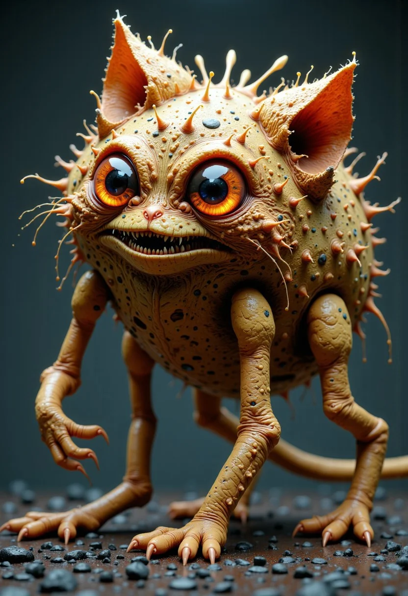 Envision a bizarre and whimsical monster, an uncanny fusion of cat and potato. Its body resembles a lumpy, irregular potato, covered in patchy fur with odd tufted sprouts, giving it an eccentric charm. The creature has elongated, feline limbs that allow for surprisingly agile movement, and oversized, glowing eyes that seem to pierce the darkness with a mischievous glint. Its mouth is wide, with a toothy grin that hints at playful mischief. This oddball entity captures the imagination, embodying the strange beauty of undiscovered biodiversity with its peculiar, captivating form.