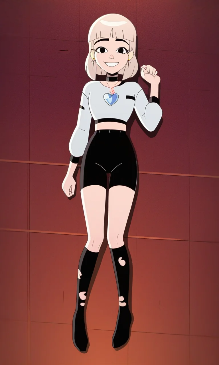 score_9, score_8_up, score_7_up, JentryChau, 1girl, blonde hair, medium hair, bangs, earrings, heart necklace, choker, small smile, full body, black eyes, looking at viewer, show accurate style, source_cartoon , flat colors,AddXL,Perfect Hands, school background, from above, from behind, looking at viewer, midriff, black shorts, heart necklace, torn clothing, black stockings,