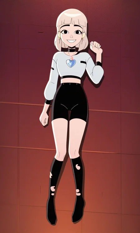 score_9, score_8_up, score_7_up,  JentryChau, 1girl, blonde hair, medium hair, bangs, earrings, heart necklace, choker, small smile, full body, black eyes,  looking at viewer, show accurate style, source_cartoon , flat colors,AddXL,Perfect Hands, school background, from above, from behind, looking at viewer, midriff, black shorts, heart necklace, torn clothing, black stockings,