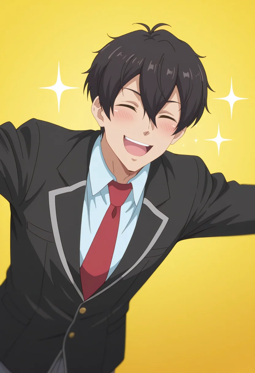 masterpiece, best quality, amazing quality,high resolution,intricate details,official style,depth of field, , , 1boy, solo, male focus,  <lora:Leon_Fou_Bartfort:0.88>,leon fou batfort,black hair,short hair,blush, smile, open mouth, shirt, hair between eyes,black jacket,collared shirt, school uniform, closed eyes, necktie, pants,sparkle, parody, red necktie, outstretched arms, yellow background
