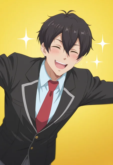 masterpiece, best quality, amazing quality,high resolution,intricate details,official style,depth of field, , , 1boy, solo, male focus,  <lora:Leon_Fou_Bartfort:0.88>,leon fou batfort,black hair,short hair,blush, smile, open mouth, shirt, hair between eyes,black jacket,collared shirt, school uniform, closed eyes, necktie, pants,sparkle, parody, red necktie, outstretched arms, yellow background