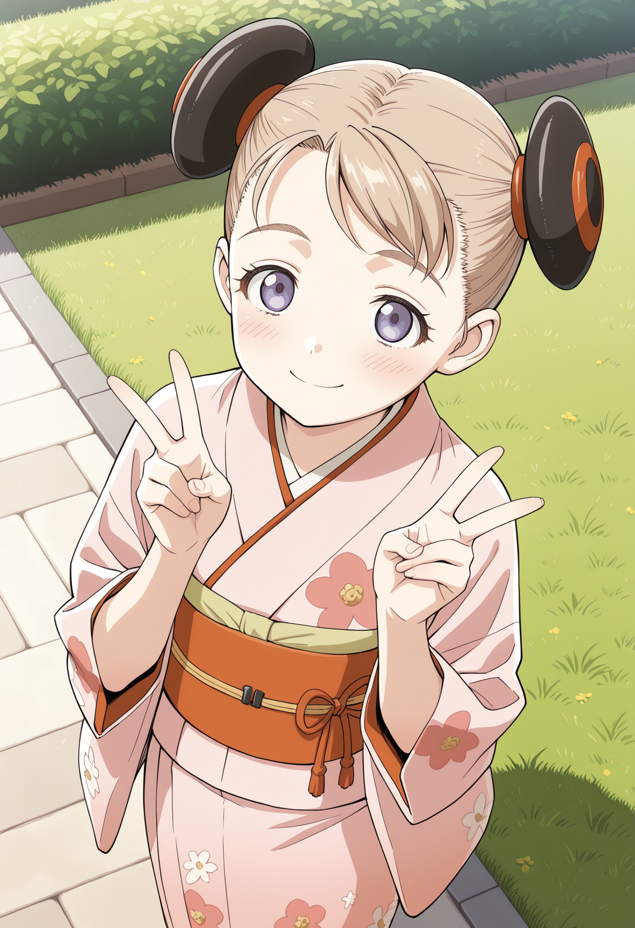 <lora:AlvisEHamiltonIL:1>, alviseh, from above, smile, blush, v sign, kimono, japanese clothes, floral print, pink kimono, garden background, grass,
masterpiece,best quality,amazing quality,