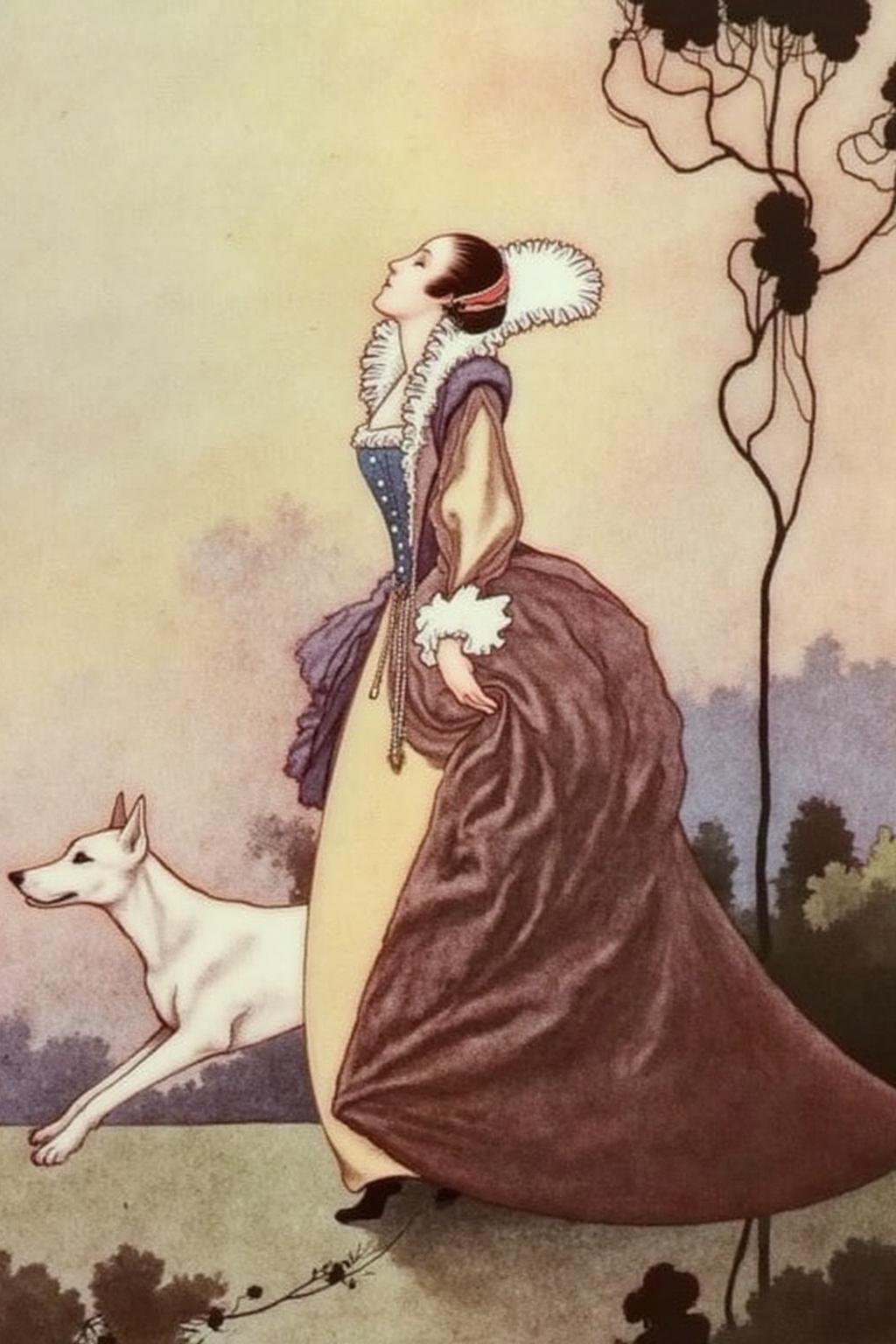 charob1 illustration.
A woman in an elegant, historical costume from the 17th century. She is dressed in a voluminous, dark brown gown with intricate, flowing pleats and a high, white ruffled collar, characteristic of the Baroque period. There is a white dog running along side here.
  <lora:charob1_cap_d6a3e11:1.0><lora:824699099107466433:0>