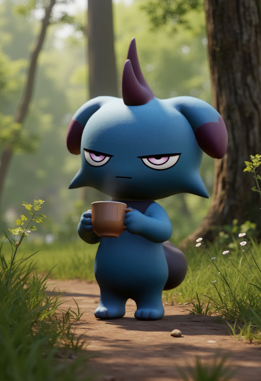 Depresso standing in a forest. Depresso looks at viewer smugly and is holding a coffee mug.