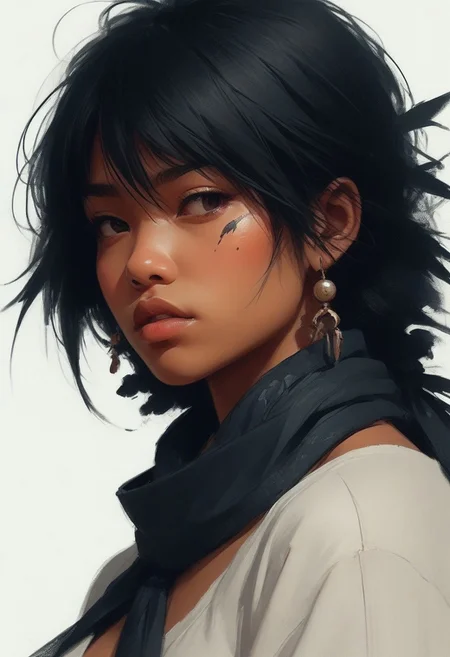 ,BAMF-Illu, closeup portrait of nistyle, two tones bleaked manga sketch In the style of ff-evv with deep blacks, A Closeup Portrait of a DARK native American Sioux outlaw cowboy, extreme Closeup of her Face - shrouded in mystery. She wears a, tattered high collar scarf that billows dramatically in the wind, creating a striking contrast against the rugged landscape. Hyperdetailed badass Closeup, hyperdetailed, deadly Gaze, vivid white chin-tattoo realistic photography, very awa ,masterpiece, best quality, very aesthetic, absurdres, haiz_ai, no lineart,no outline,