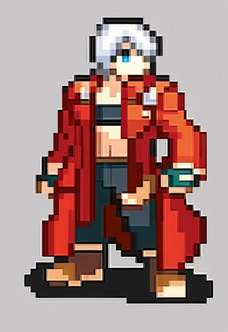 score_9, score_8_up, score_7_up, source_anime, BREAK, solo, 1boy, full body, , <lora:FEGBA-SpritesV2-pdxl_Fp:1>, simple background, pixel art, <lora:dmc3_dante_ponyXL:1>, dmc3dante, red coat, bandeau, fingerless gloves, black pants, boots, standing, white hair, blue eyes,