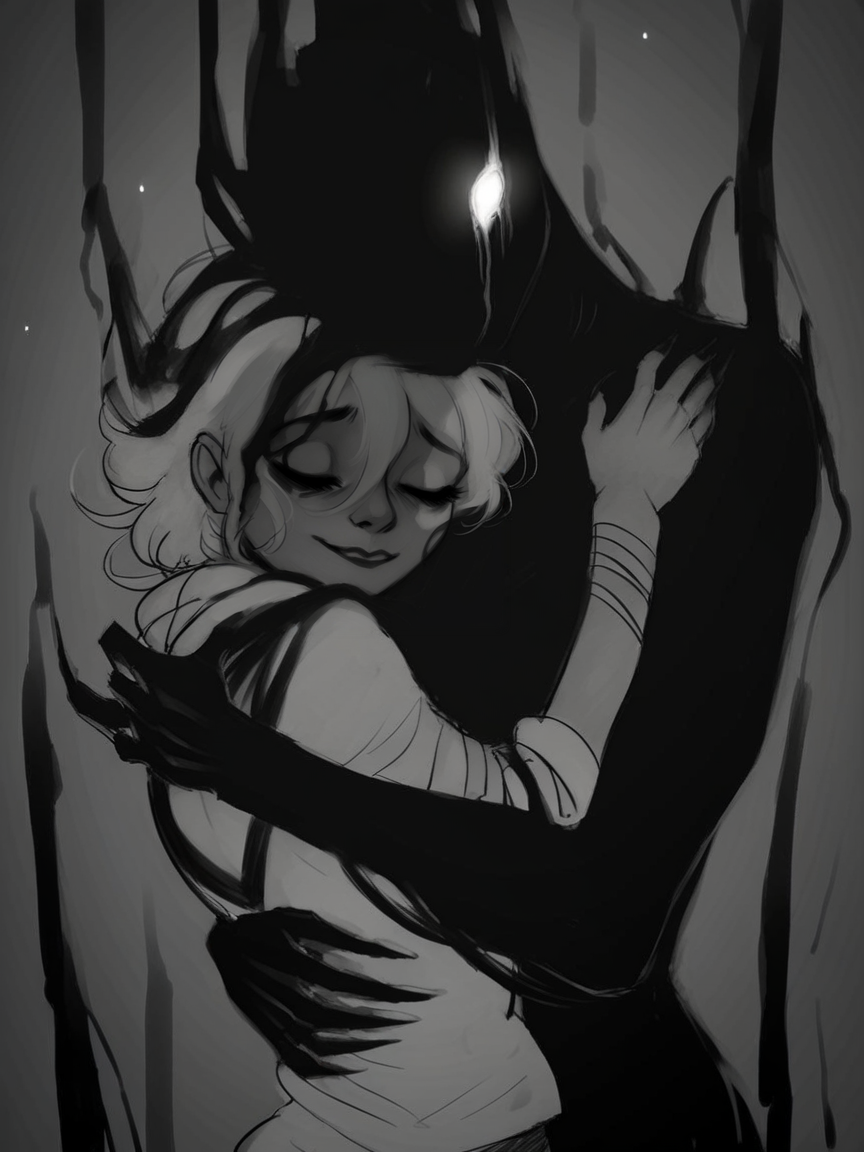 score_9, score_8_up, score_7_up, score_6_up, score_5_up,  <lora:th3d4rkXLP:1> th3d4rk, darkness, shadow, 1girl, monochrome, hug