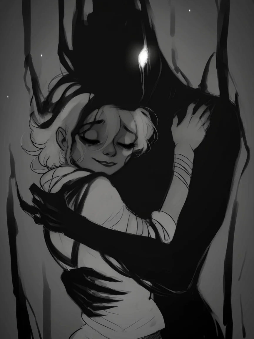 score_9, score_8_up, score_7_up, score_6_up, score_5_up,  <lora:th3d4rkXLP:1> th3d4rk, darkness, shadow, 1girl, monochrome, hug