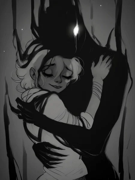 score_9, score_8_up, score_7_up, score_6_up, score_5_up, <lora:th3d4rkXLP:1> th3d4rk, darkness, shadow, 1girl, monochrome, hug