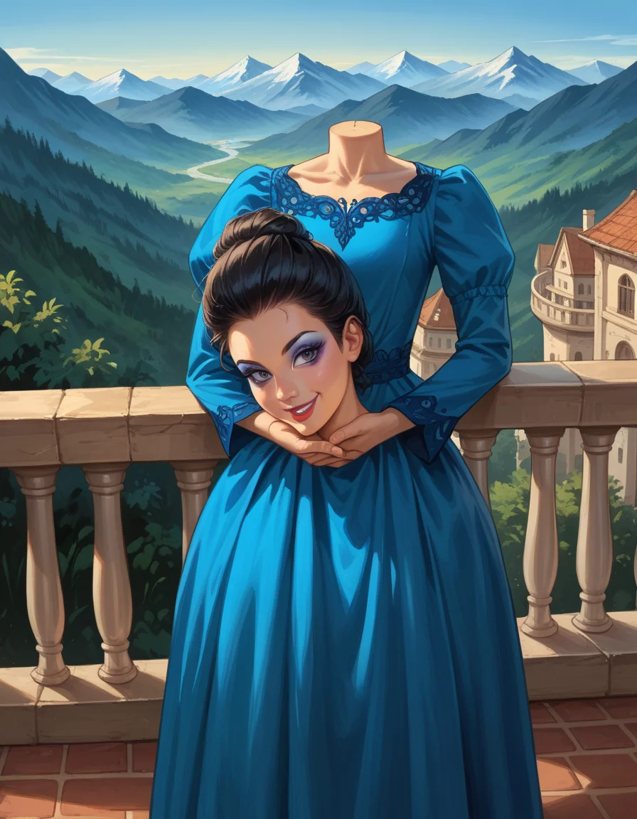 score_9, score_8_up, score_7_up, score_6_up, score_5_up, score_4_up, 1girl, long black hair, blue dress, long sleeves, makeup, lipstick, eyeshadow, hud_s3v_h3ad, holding, holding head, smile, <lora:hud_s3v_h3ad_XLP:1>, outdoors, balcony, mountains, scenery