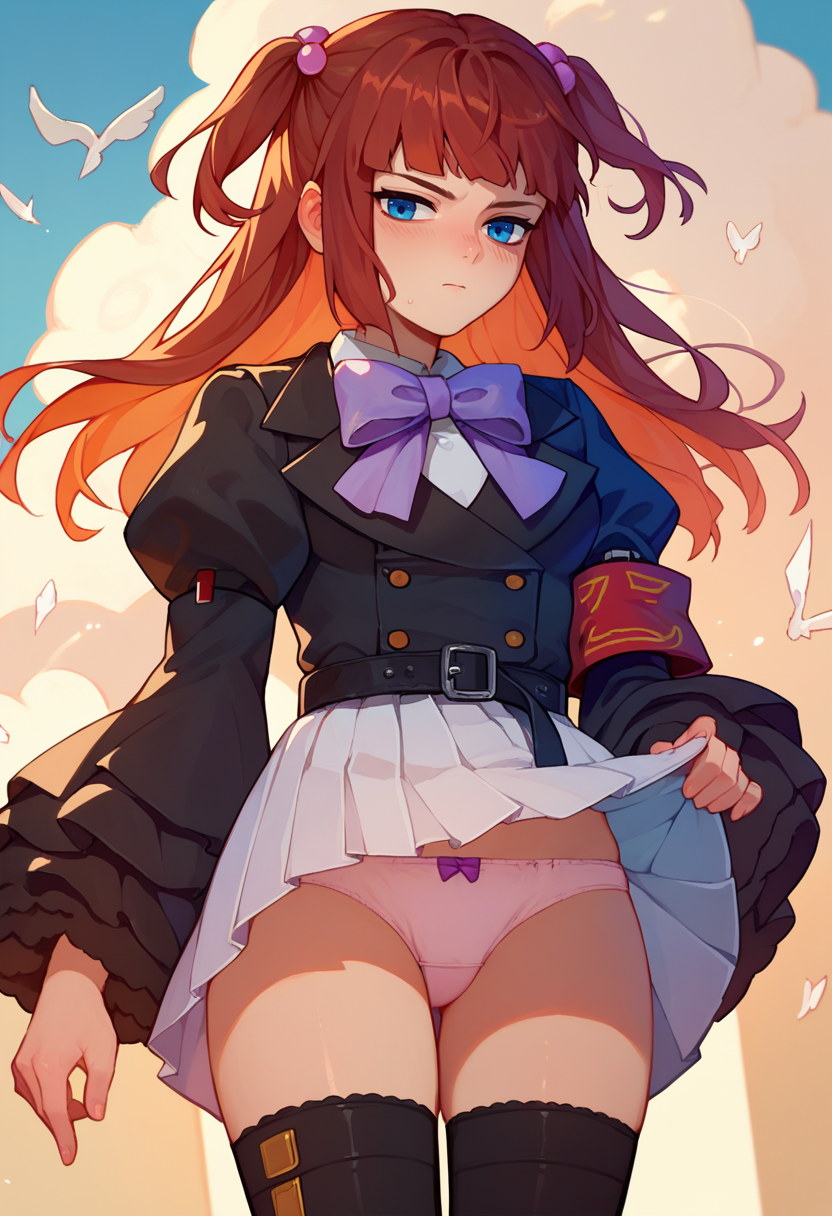 score_9, score_8_up, score_7_up,1girl,  Ange, brown hair, two side up, blue eyes, white shirt, purple bow, black jacket, single armband, black belt, white skirt, frilled sleeves, black thighhighs,  skirt lift, panties, blush,  <lora:Ange 4-000008:1>