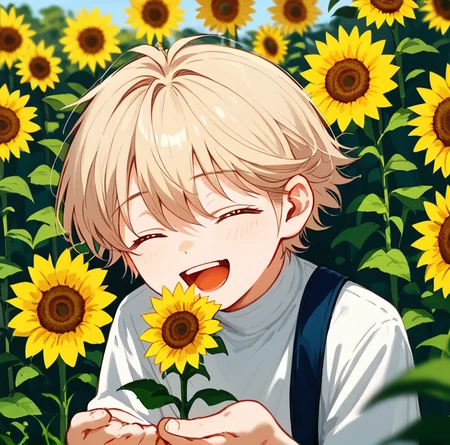 score_9,score_8_up,score_7_up,score_6_up,best aesthetic,absurdres,intricate details,best quality,masterpiece,source_anime,anime coloring,male focus,solo_focus,<lora:Farma_de_Médicis:1> 1boy, laughing , blond hair, short hair, kid, boy, 10 years old, in garden laying on ground, sniff on sunflower in his hand
