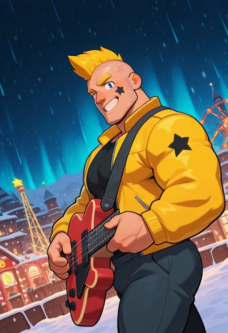 mbtiesfp, 1boy, blonde, short hair, black star on face,, yellow jacket, black shirt, looking at viewer, smirk, grin, happy, brawlStars, in the amusement park, pants, portrait, half body, upper body, blue eyes, shaved mohawk, source_cartoon, vector art, flat color, cel_shading, 2d, bara, manly, muscular, 3/4 view, night sky, aurora in the sky, snow, playing guitar, {{holding red electric guitar}}, in the concert, ((floating colorful muscial notes)), snowstorm, Side View, Pec focus, left view, warm lighting, with people walking background, {{colorful glowing musical notes}}, yellow eyebrows, yellow chin hair, facial hair, dutch angle, 2zdxxps
