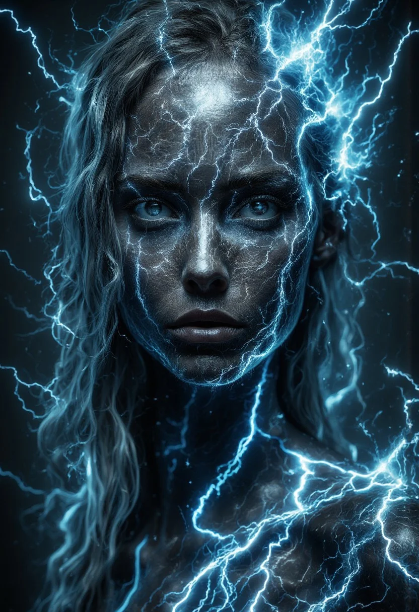 Portrait of a woman goddess of thunder, skin covered with blue lightning scales, facing viewer , looking at viewer ,mad-lghtnng