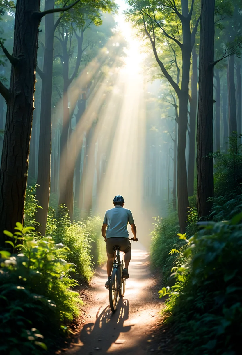 <lora:Flux-XL_Scenery:1>,flux-scenery  a scenic photograph of a man riding a bicycle through a dense forest, light shining through