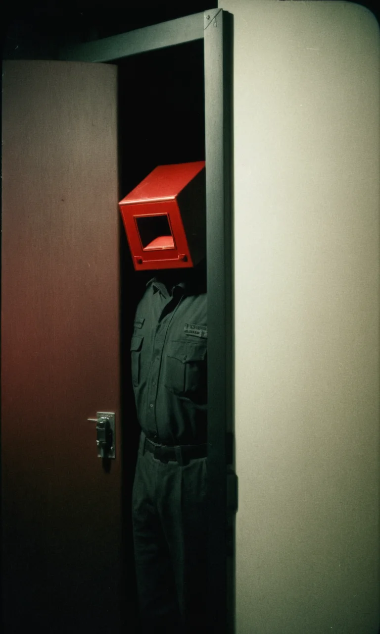 analog film photo man, door, dark, box head, huleebstyle, helmet, dark, monochrome, red light, simple, <lora:HuleebStyle_v1:0.85> . faded film, desaturated, 35mm photo, grainy, vignette, vintage, Kodachrome, Lomography, stained, highly detailed, found footage