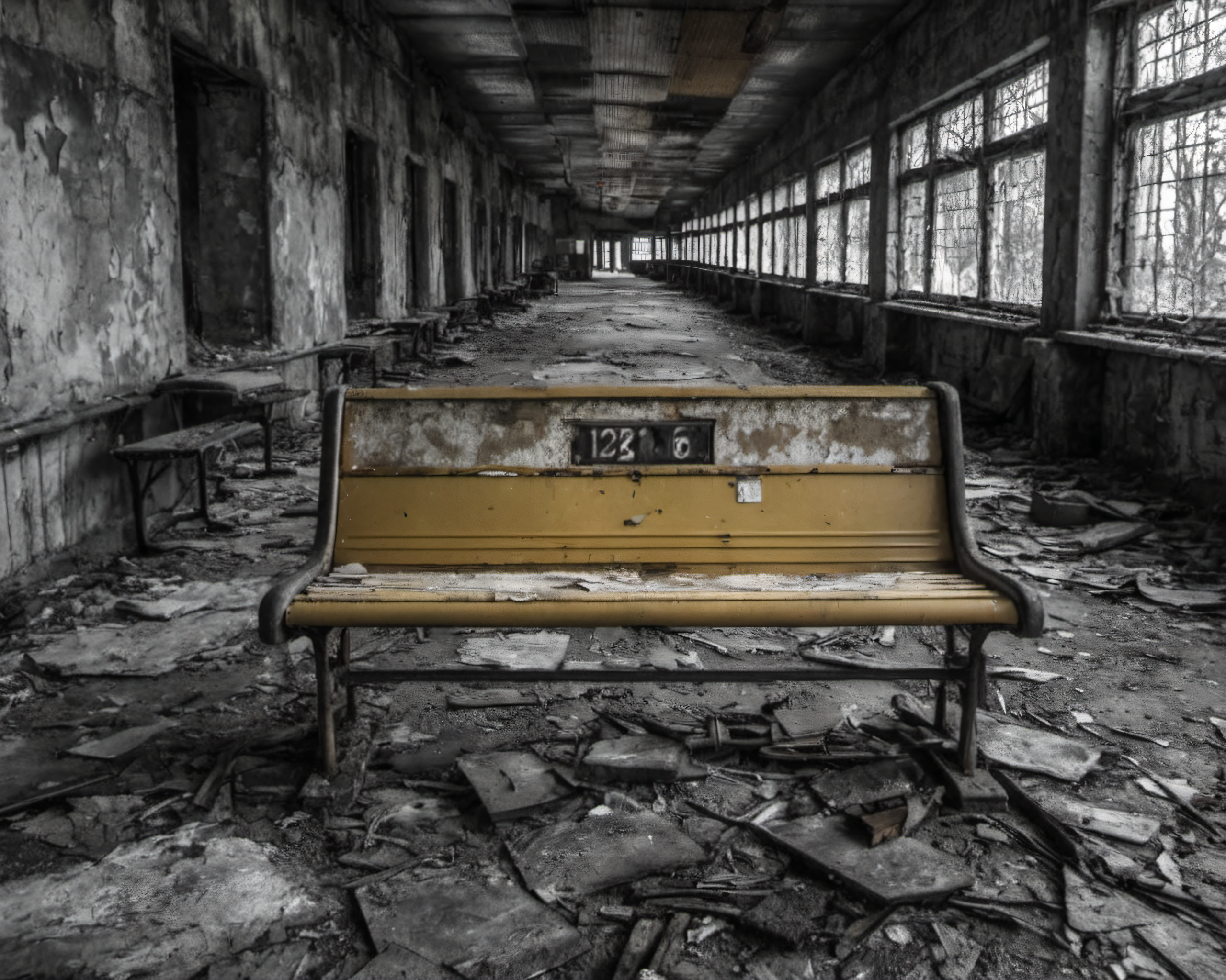 best quality, realistic, vray, hdr, on a post-apocalyptic deserted train station, rusting benches, cracked information board, graffiti-covered abandoned train., by Garry Winogrand, Chern4byl enviroment  <lora:Chenorbyl_v1:0.8>